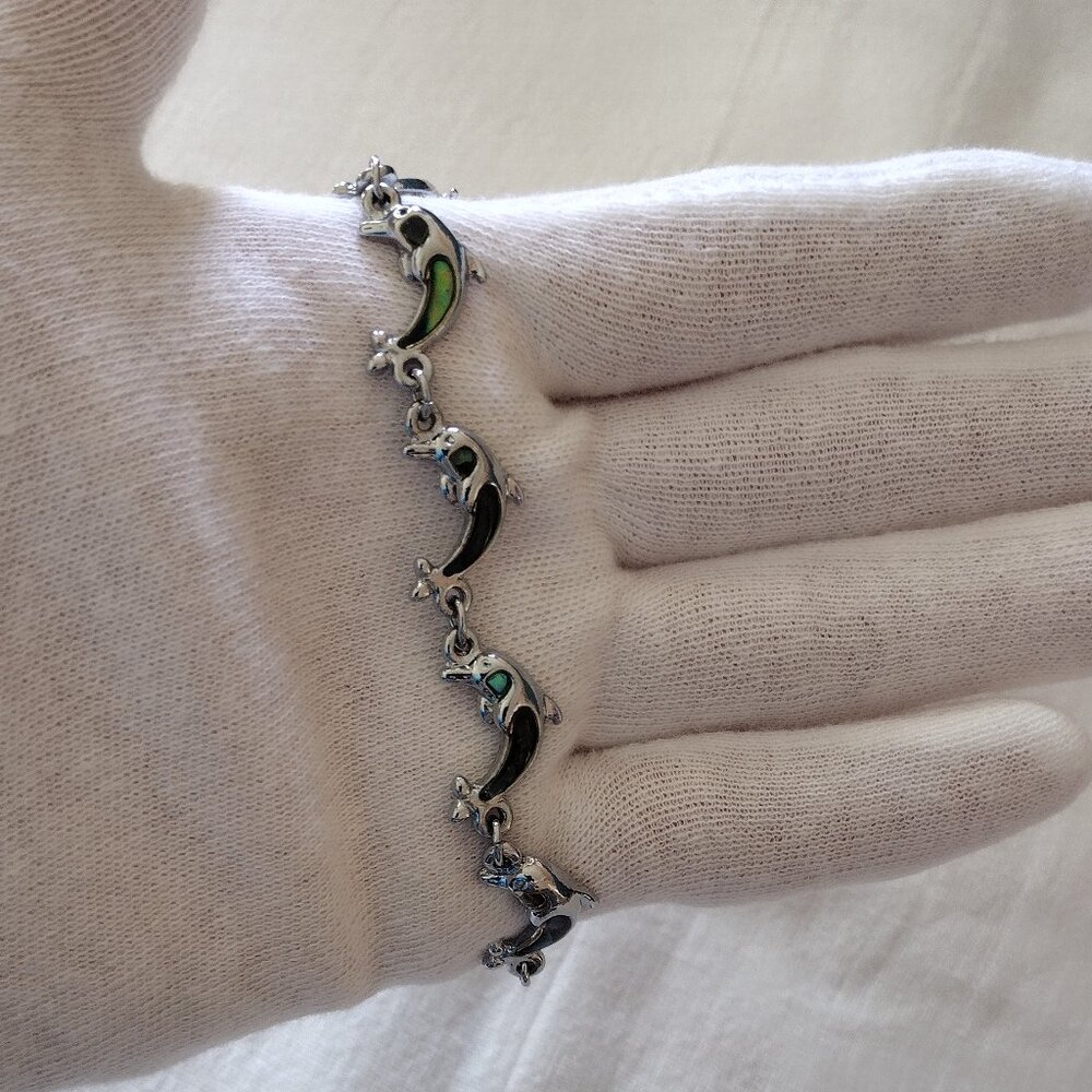 Silver Tone and Emerald Green Dolphins Bracelet